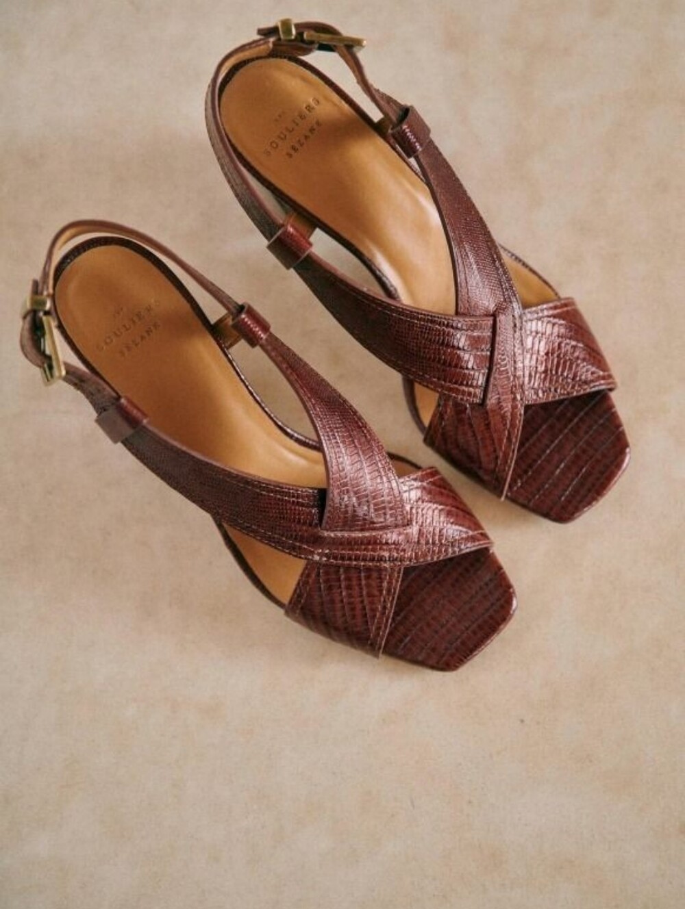 Sézane | Sacha Burgundy Croc-Embossed Leather Block Heel Sandals - Picture 6 of 15